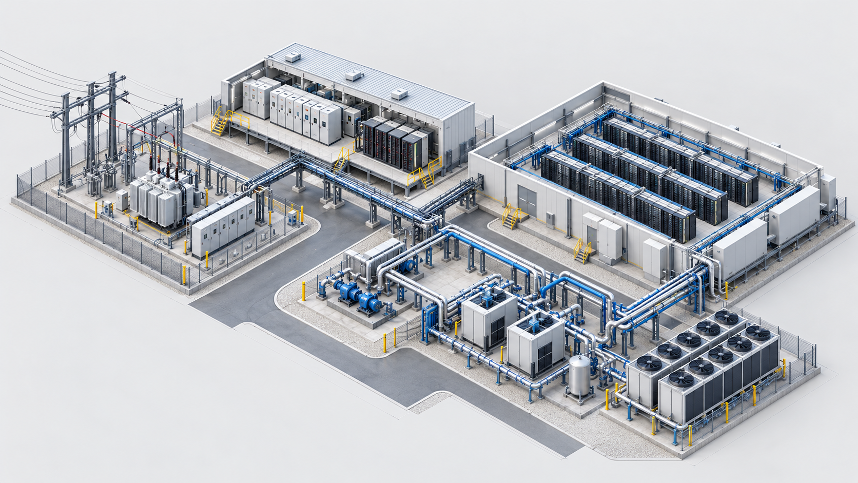 Original isometric rendering of an AI Factory with grid intake, transformer, UPS, data hall, liquid cooling and heat-rejection equipment