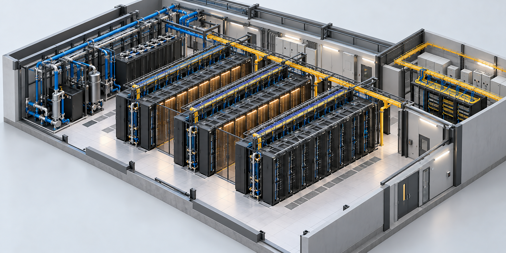 AI data hall & rack layer — Racks, containment, fibre, power and liquid-cooling interfaces