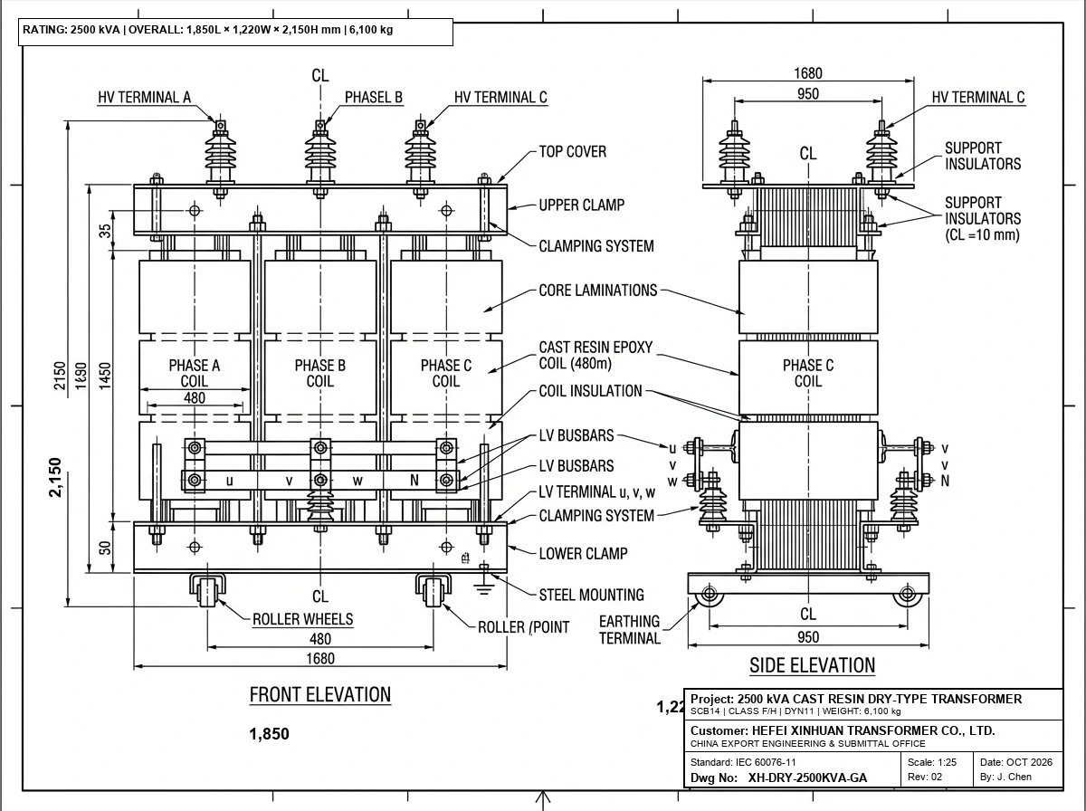 Dry-type transformer drawing example showing front and side elevations