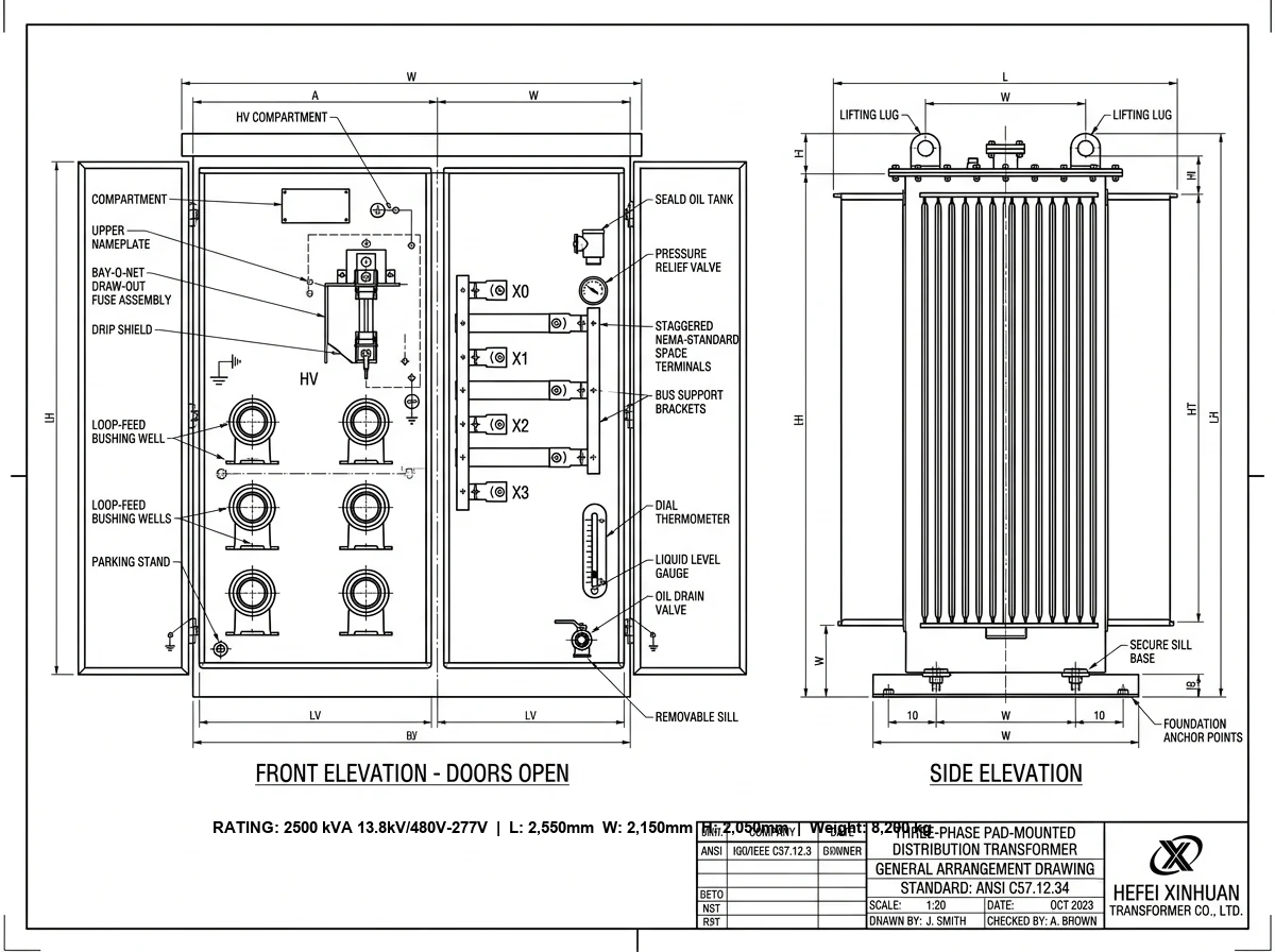 Pad-mounted transformer drawing example with front and side elevations