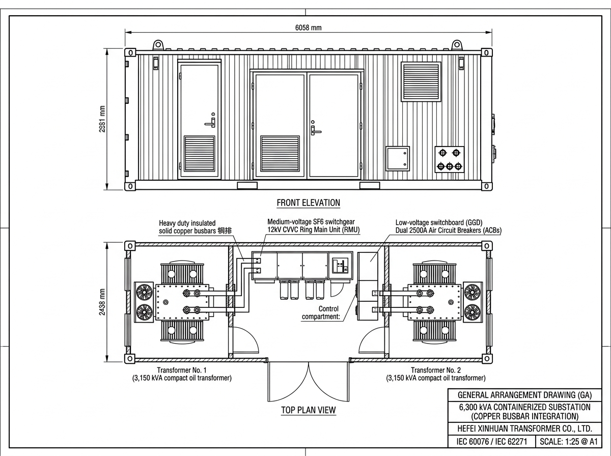 Substation general arrangement drawing example with integrated copper busbar layout