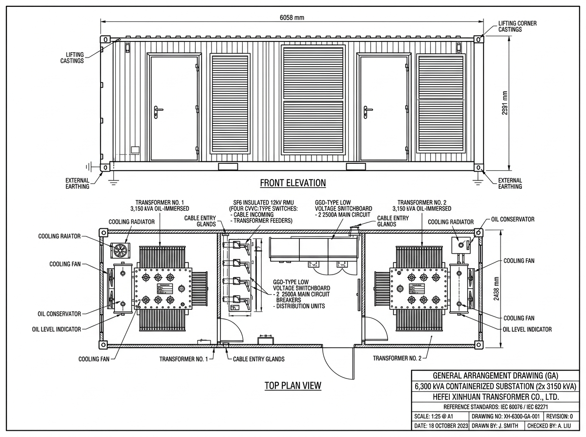 General arrangement drawing example showing containerized substation elevations and plan